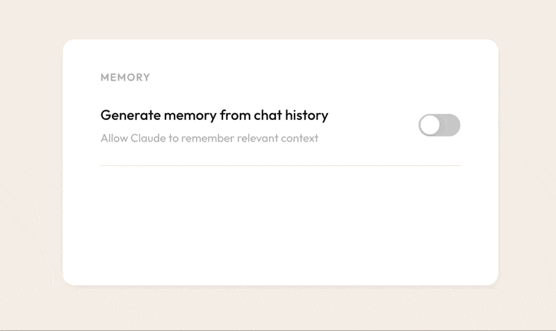 Claude Chat settings showing the memory toggle switched ON
